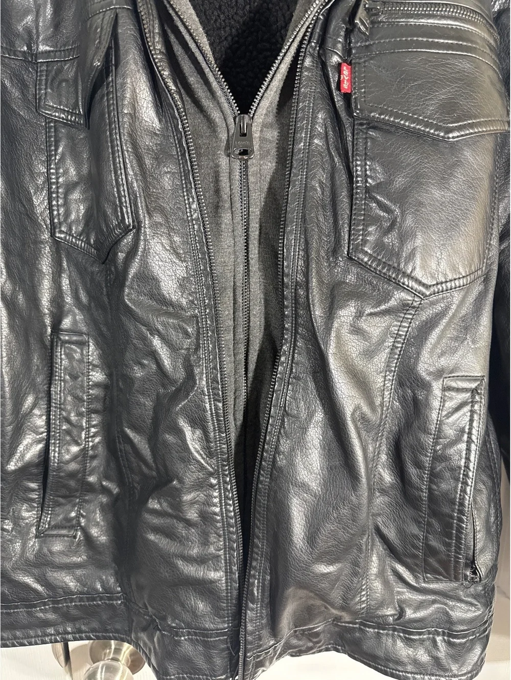 Levi's Black Faux Leather Jacket with Hooded Inner Layer